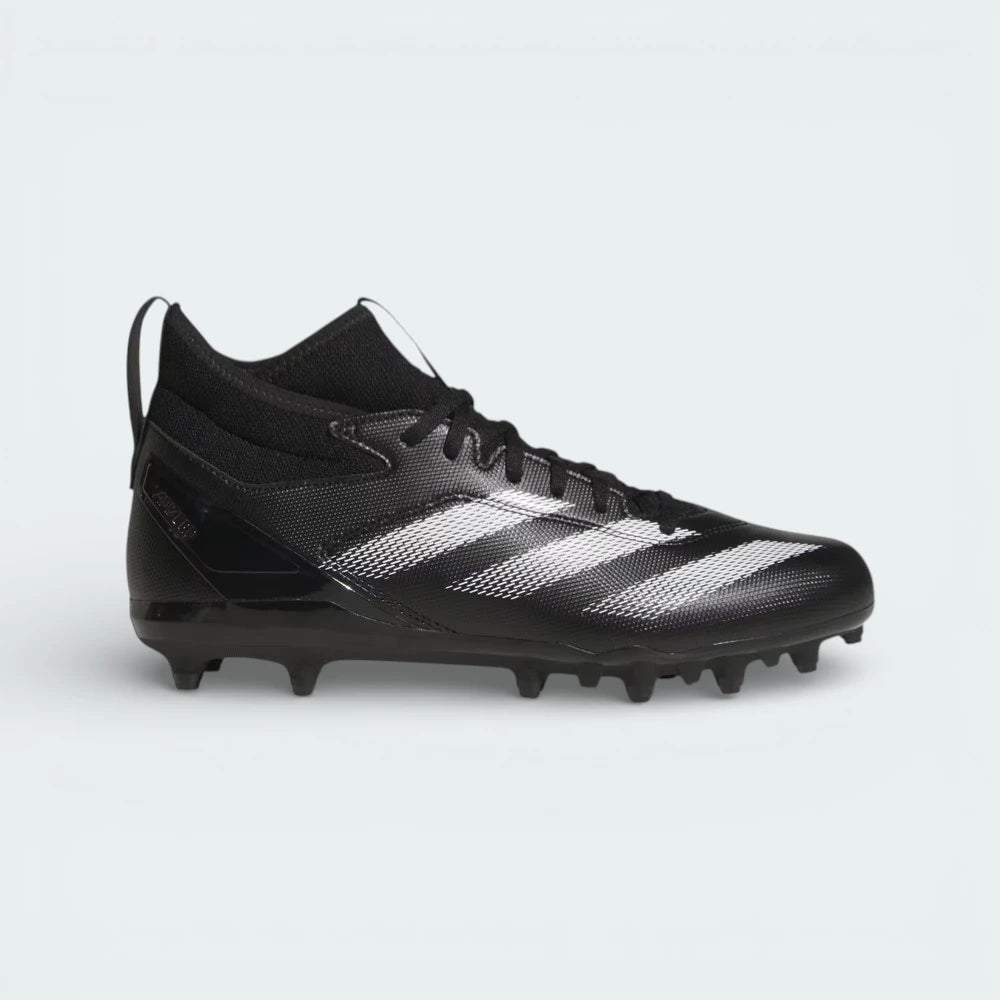 Side profile of the Core Black adidas Adizero Impact.2 cleats, showing the aerodynamic low-profile silhouette and white Three Stripes branding.