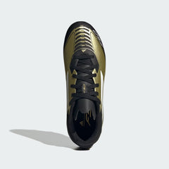 Top-down view of a pair of Adidas Messi F50 League FG/MG Juniors' football boots in gold, highlighting their streamlined silhouette and lacing system.