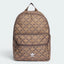 Focuses on the full front dimensional view, showcasing the sharp contrast of the iconic white printed retro Trefoil logo badge against the repeating, two-tone brown monogram background canvas.