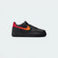 Highlights the high-velocity Fire Red Nike Swoosh slashing across the professional depth of the black synthetic leather upper and the classic thick midsole wall.