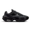 Highlights the futuristic lateral profile featuring an exaggerated high arch, rounded matte black synthetic overlays, black mesh pod inserts, a mini metallic silver Swoosh, and a sculpted black heel pod enclosing the visible Max Air cushioning unit.
