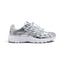 Highlights the early-2000s lateral silhouette featuring gleaming Metallic Silver horizontal and vertical overlays sweeping over white breathable mesh, a white Swoosh with silver outline, toggle lace system, and a grooved white foam sole.