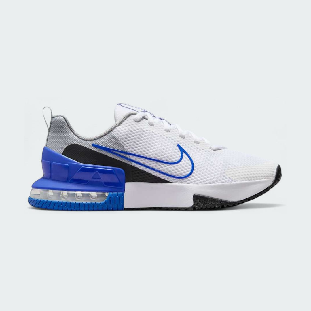 Nike Air Max Alpha Training Shoes Men's in white with black accents, side profile showing visible Max Air unit in the heel, durable mesh upper, and supportive overlays.