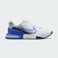 Nike Air Max Alpha Training Shoes Men's in white with black accents, side profile showing visible Max Air unit in the heel, durable mesh upper, and supportive overlays.