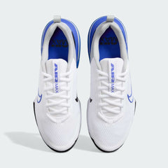 Top-down view of a pair of Nike Air Max Alpha Training Shoes Men's in white, highlighting their sturdy silhouette and lace-up closure.