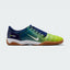 Highlights the high-velocity sweep of the contrasting white Nike Swoosh, showing the professional panel stitching of the Blue Void synthetic upper, the atomic green T90 logo on the heel counter, and the low-profile turf outsole
