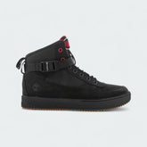Timberland X Champion City Roam boots in black nubuck, side profile showing lace-up design, padded collar, and Timberland tree logo with Champion 'C' branding.