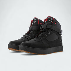 Angled view of two Timberland X Champion City Roam boots in black nubuck, side by side, showcasing their high-top silhouette and collaborative design.