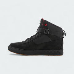 inside view of the Timberland X Champion City Roam black boots, focusing on the structured heel and subtle collaborative branding.