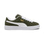 Lateral view showing the rich Dark Olive full suede upper, crisp Puma White smooth leather Formstrip, gilded metallic "PUMA SUEDE XL" lateral script, amplified textured white rubber cupsole sidewalls, and chunky padded collar line.