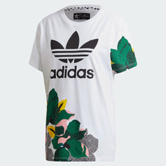 Adidas x Her Studio London Loose Shirt in white, front view showing a large, colourful Trefoil logo graphic on the chest.