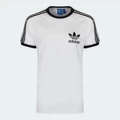 Adidas California T-Shirt Men's in white, front view showing the black Trefoil logo on the chest and the black 3-Stripes running down the sleeves.