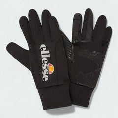 Close-up zoom on the fabric of the Ellesse Daxo Touchscreen Gloves in black, showing the knit texture and the embroidered Ellesse logo.