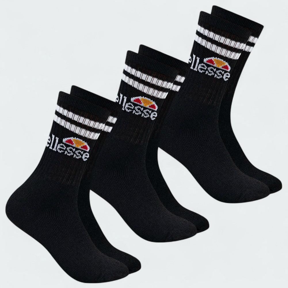 Three Ellesse Vulloni Men's Sport Crew Socks in black side profile, showing their full length, sole cushioning, and branding.