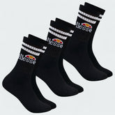 Three Ellesse Vulloni Men's Sport Crew Socks in black side profile, showing their full length, sole cushioning, and branding.