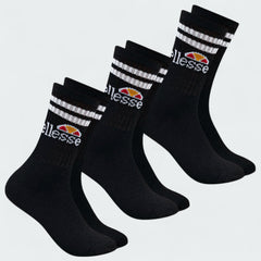 Three Ellesse Vulloni Men's Sport Crew Socks in black side profile, showing their full length, sole cushioning, and branding.