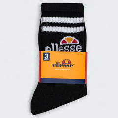 Ellesse Vulloni 3 Pack Men's Sport Crew Socks in black, neatly folded and packaged, showing the knitted Ellesse logo.
