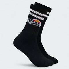 Single Ellesse Vulloni Men's Sport Crew Sock in black, side profile showing the crew length, ribbed cuff, and knitted Ellesse logo.