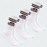 Three Ellesse Vulloni Men's Sport Crew Socks in white side profile, showing their full length, sole cushioning, and branding.