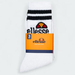 Ellesse Vulloni 3 Pack Men's Sport Crew Socks in white, neatly folded and packaged, showing the knitted Ellesse logo.