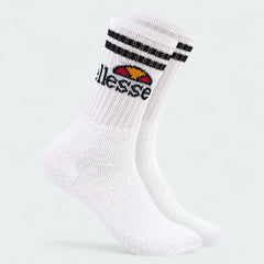 Single Ellesse Vulloni Men's Sport Crew Sock in white, side profile showing the crew length, ribbed cuff, and knitted Ellesse logo.