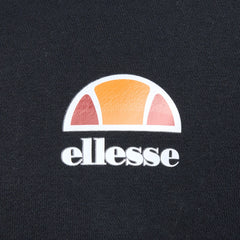 Close-up zoom on the fabric of the Ellesse Toce Overhead Hoodie in black, showing the soft fleece texture and the embroidered or printed Ellesse logo.