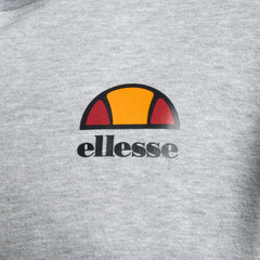 Close-up zoom on the fabric of the Ellesse Toce Overhead Hoodie in light grey, showing the soft fleece texture and the embroidered or printed Ellesse logo.