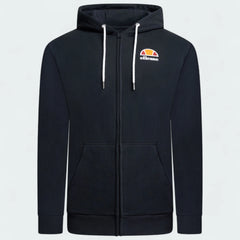 Ellesse Miletto Full-Zip Hoodie Men's in black, front view showing the full zipper, drawcord hood, split kangaroo pockets, and Ellesse logo on the chest.