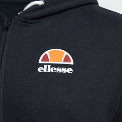 Close-up zoom on the fabric of the Ellesse Miletto Full-Zip Hoodie in black, showing the soft fleece texture and the embroidered or printed Ellesse logo.
