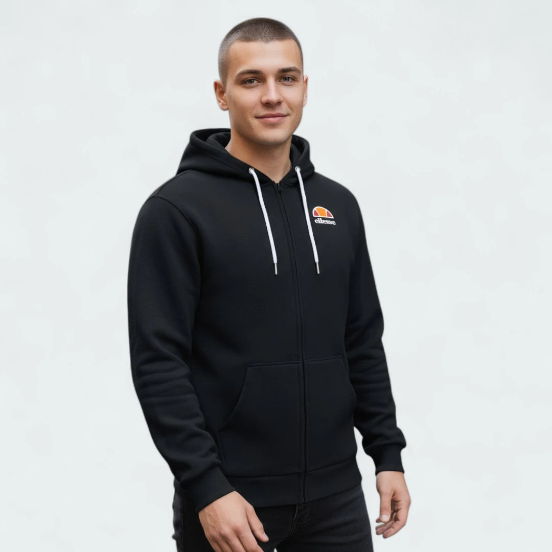 Ellesse Miletto Full-Zip Hoodie Men's in black, model worn showing the full zipper, drawcord hood, split kangaroo pockets, and Ellesse logo on the chest.