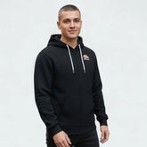 Ellesse Miletto Full-Zip Hoodie Men's in black, model worn showing the full zipper, drawcord hood, split kangaroo pockets, and Ellesse logo on the chest.