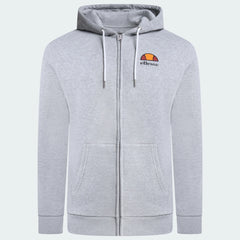 Ellesse Miletto Full-Zip Hoodie Men's in light grey, front view showing the full zipper, drawcord hood, split kangaroo pockets, and Ellesse logo on the chest.