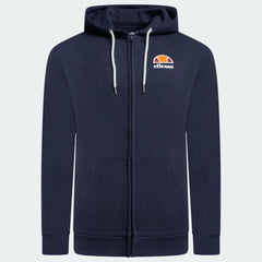 Ellesse Miletto Full-Zip Hoodie Men's in navy, front view showing the full zipper, drawcord hood, split kangaroo pockets, and Ellesse logo on the chest.