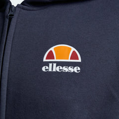 Close-up zoom on the fabric of the Ellesse Miletto Full-Zip Hoodie in navy, showing the soft fleece texture and the embroidered or printed Ellesse logo.