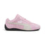 Displays the full lateral silhouette featuring the soft Whisp of Pink suede chassis, contrasting PUMA White suede Formstrip overlay, gold foil PUMA branding, ultra-slim black rubber midsole tape, and wrap-around rounded heel tyre tread.