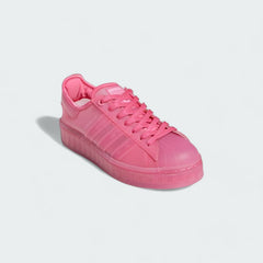 Close-up zoom on the front of the Adidas Originals Superstar Jelly Women's clear trainers, showing the iconic rubber shell toe and translucent upper texture.
