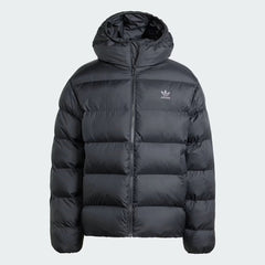 Adidas Tonal Hooded Puffer Jacket in black, front view showing the full-zip closure, high collar, and side pockets.