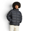 Adidas Tonal Hooded Puffer Jacket in black, front view shown a model showing the full-zip closure, high collar, and side pockets.