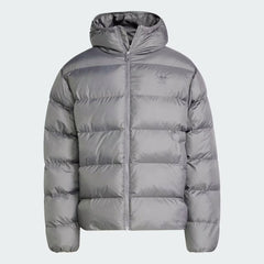 Adidas Tonal Hooded Puffer Jacket Men's in grey, front view showing the full-zip closure, high collar, and side pockets.