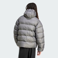 Adidas Tonal Hooded Puffer Jacket Men's in grey, back view showcasing the padded design and seamless construction.