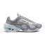 Highlights the futuristic lateral profile featuring an exaggerated high arch, rounded metallic silver synthetic overlays, Pure Platinum mesh pod inserts, a mini metallic silver Swoosh, and a sculpted white heel pod enclosing the visible Max Air cushioning unit.