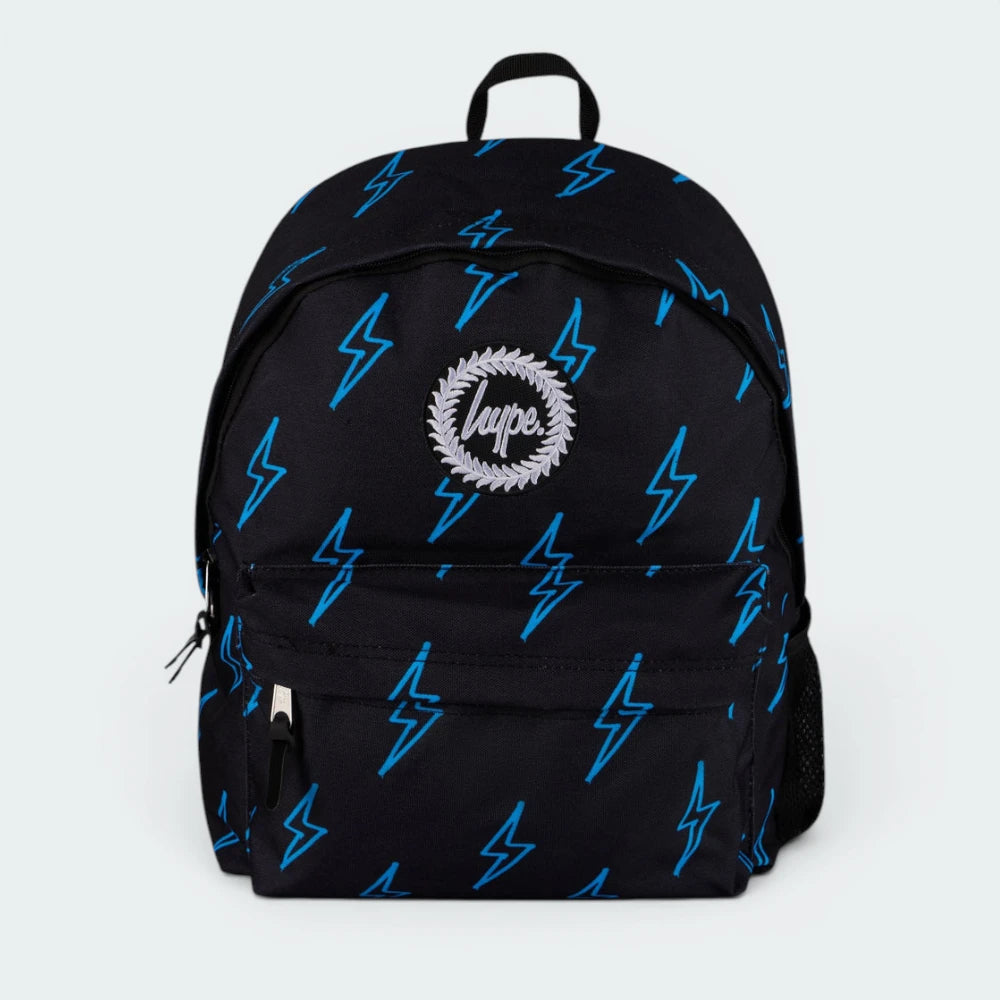 Focuses on the locked-in zip closure and the professional embroidered HYPE. crest against the bolt print.