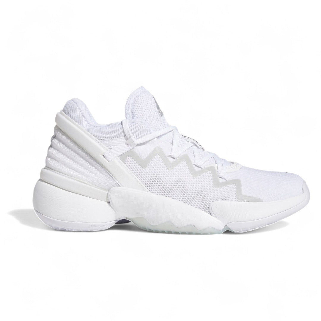 Adidas D.O.N. Issue 2 Men's basketball sneakers in white with black and sky tint blue accents, side profile showing the layered upper and Bounce midsole.