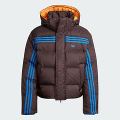 Adidas Premium Puffer Jacket Men's in vintage brown, front view showing the full-zip closure, stand-up collar, and padded, quilted design.