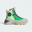 Highlights the high-velocity Solar Lime colour palette, the printed structural overlays, and the professional depth of the thick, rugged midsole.