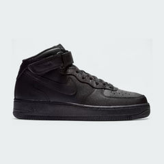 Nike Air Force 1 Mid '07 Men's trainers in black leather, side profile showing mid-cut silhouette, ankle strap, and classic Swoosh.
