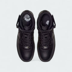 Top-down view of a pair of Nike Air Force 1 Mid '07 Men's trainers in black, highlighting their structured silhouette, lace-up closure, and ankle strap.