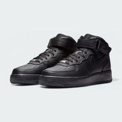 Angled view of two Nike Air Force 1 Mid '07 Men's black trainers, side by side, showcasing their timeless design and clean aesthetic.