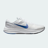 Nike Air Zoom Structure 24 Men's running shoes in white with hyper royal blue accents, side profile showing engineered mesh upper, cushioned midsole, and Nike Swoosh.