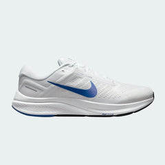 Nike Air Zoom Structure 24 Men's running shoes in white with hyper royal blue accents, side profile showing engineered mesh upper, cushioned midsole, and Nike Swoosh.